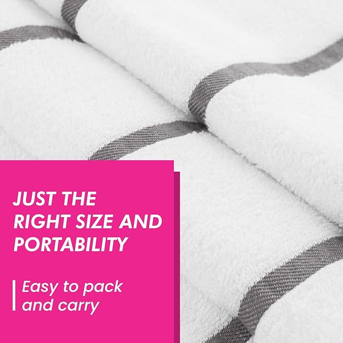 CASA COPENHAGEN Cabana Pool 2 Pieces Large Bath Sheet Set 70" x 35", 550 GSM, Designed in Denmark, Made of Soft Egyptian Cotton for Bathroom, Beach & Shower - White Grey Stripe