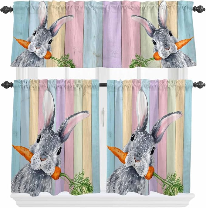 Easter Kitchen Curtain Set, Spring Grey Rabbit Carrots Colorful Wooden Plank by Unknown
