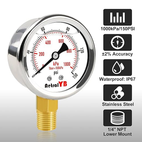 0-150 PSI Pressure Gauge, Liquid-Filled, Stainless Steel Case, Brass Internals - Image 2