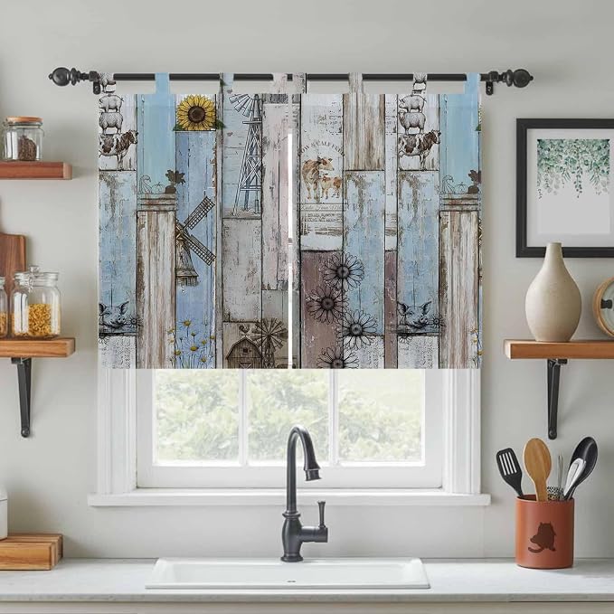 Blue Grey Wooden Kitchen Curtains 45 Inch Length, Short Cafe Window Curtains - Image 3