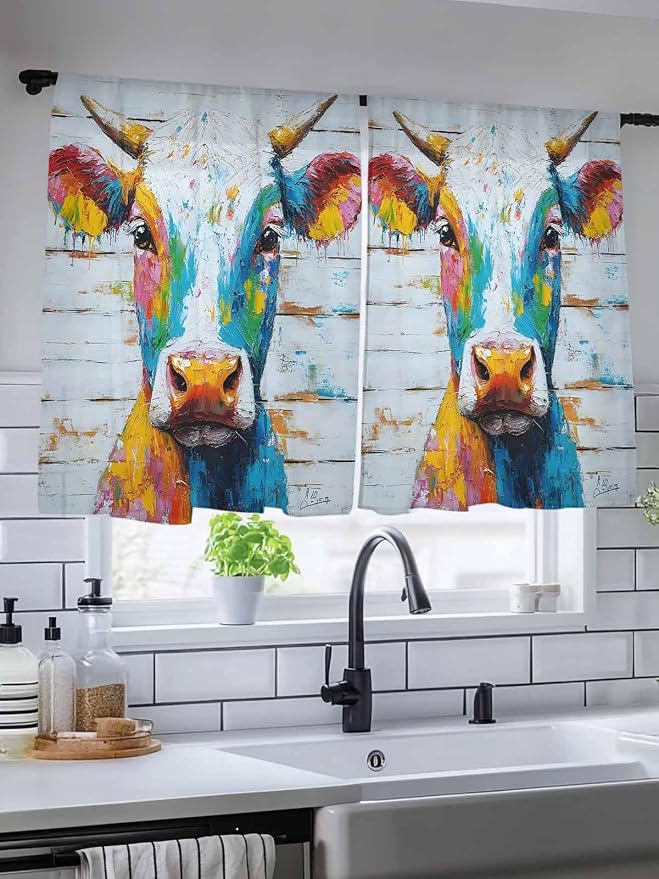 Sheer Curtains 54 Inch Length, Funny Colorful Cow Semi Sheer Curtains Light - Image 5