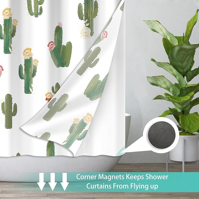 No Hook Shower Curtain Set with Snap in Fabric Liner for Bathroom,with See Through Top Window,Double Shower Curtain with Detachable Liner Replacement,Machine Washable,Cactus Pattern,71"x 74"