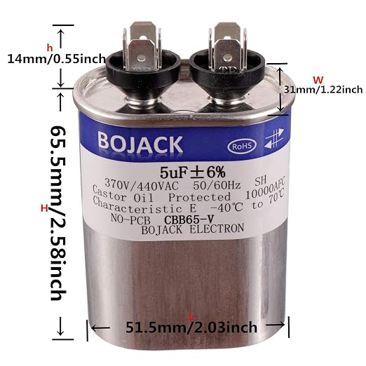 BOJACK 5 uF ±6% 5 MFD 370V/440V CBB65 Oval Run Start Capacitor - Image 3