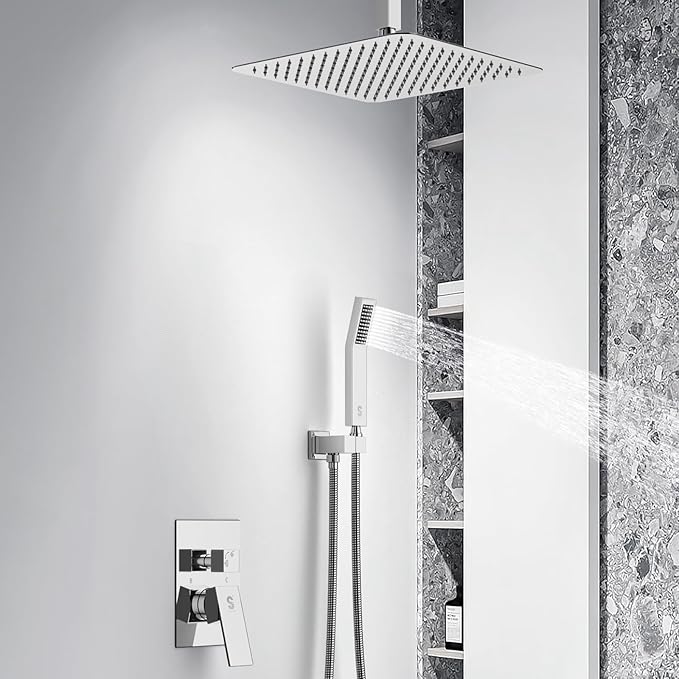 SR SUN RISE 12 Inch Ceiling Mounted Shower System Rain Mixer Combo Set Rainfall Shower Head System Faucet Trim Repair Kits Polished Chrome Rough-in Valve Body and Trim Included