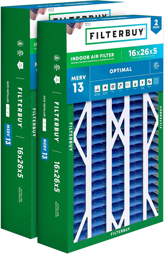 Filterbuy 16x26x5 Air Filter MERV 13 Optimal Smoke & Allergy Defense, Pleated by Filterbuy