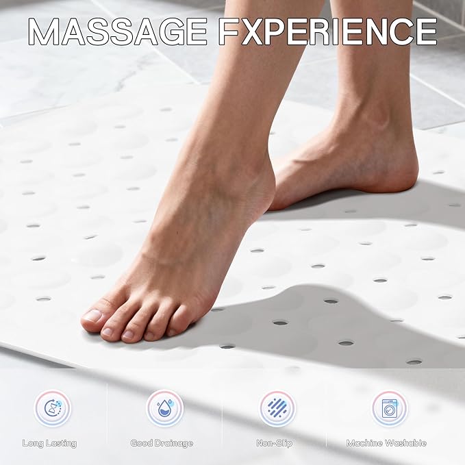 Anti-Slip Bathtub Shower mat, 27.5×14.5（Approximately 70×37cm） inch Soft Oversized Machine Washable Non-Slip Bathtub mat with Drainage Holes, Bathroom Floor Suction Cup.（1-Opaque White）