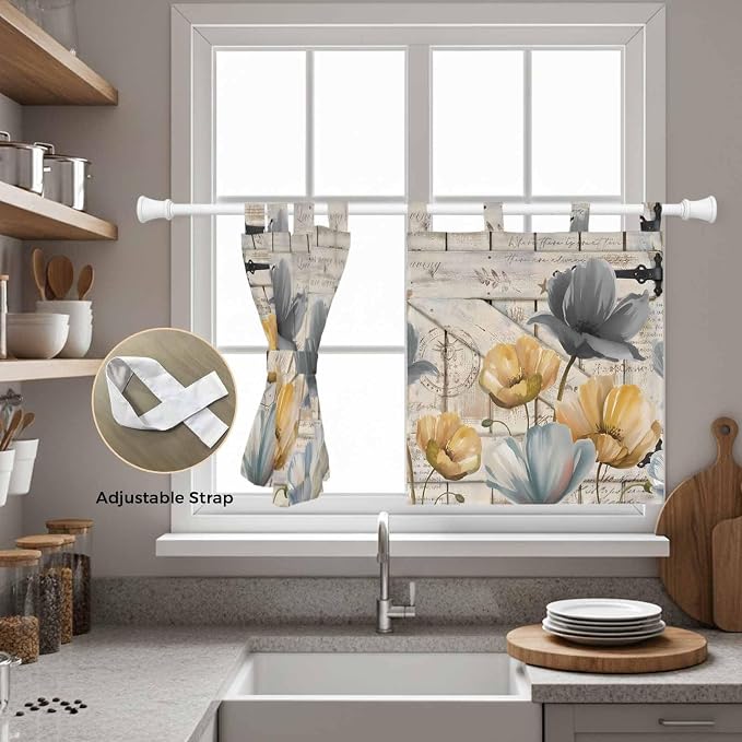 Spring Tulips Flower Kitchen Curtains 24 Inch Length, Small Window Curtains Tab - Image 5