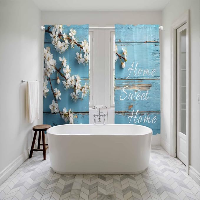 Farmhouse Wooden Grain Kitchen Curtains, Vintage Shabby Chic Flower Blue Light - Image 5