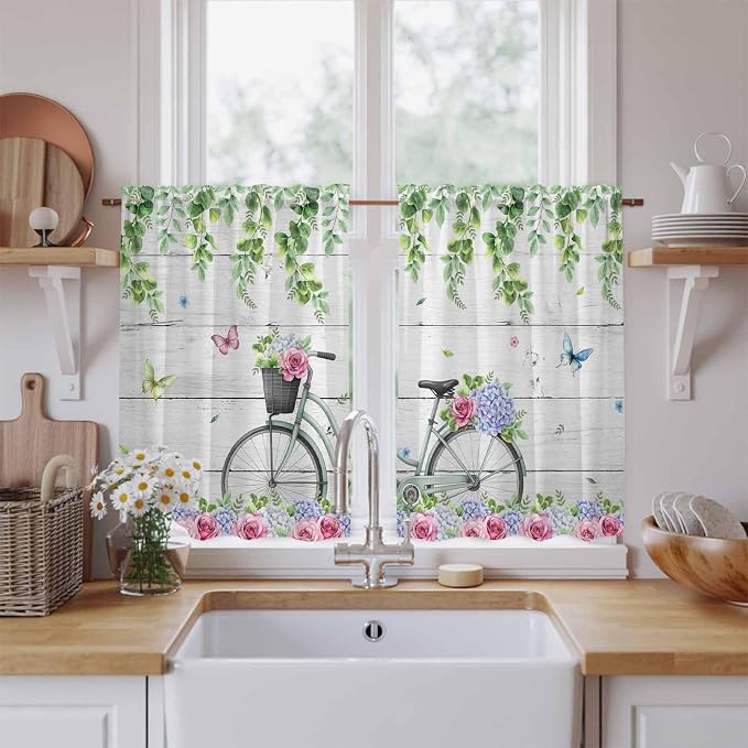 Spring Kitchen Curtains, Bicycles Botanical Rose Leaves Butterfly Wood Grain - Image 2