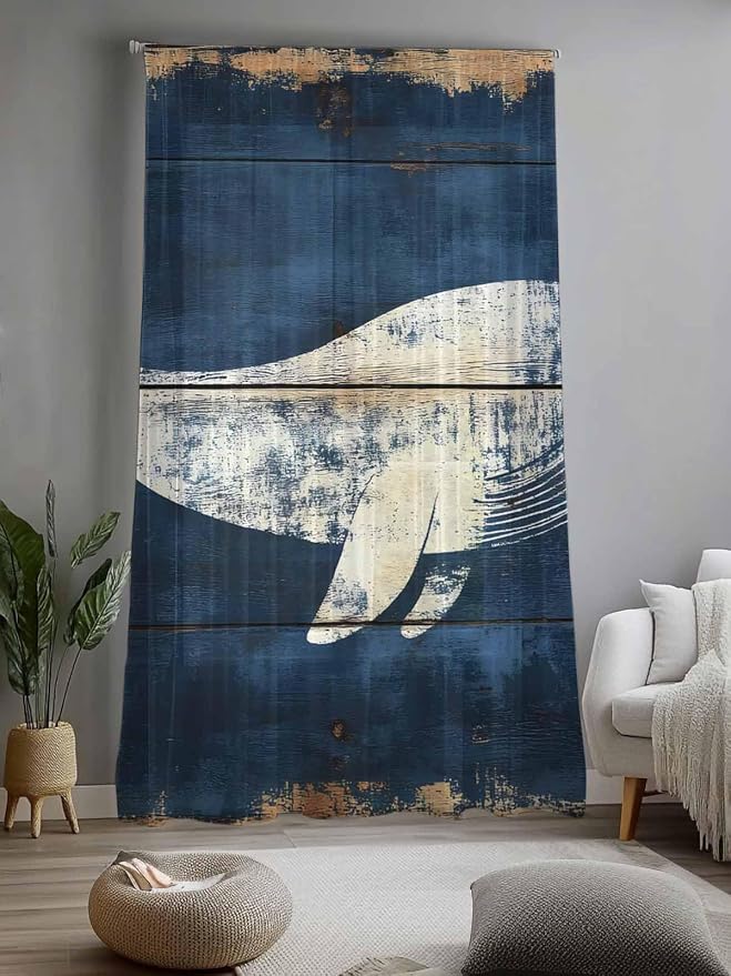 Sheer Curtains 84 Inches Long, Ocean Whale Blue Semi Sheer Curtains Light - Image 2