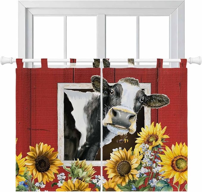 Cows Sunflowers Kitchen Curtains 45 Inch Length, Short Cafe Window Curtains Tab by Unknown