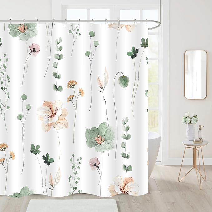 Gibelle Watercolor Floral Shower Curtain, Sage Green Beige Flower Shower Curtain for Bathroom, Modern Minimalist White Waterproof Fabric Shower Curtain Set 72x72 Inch