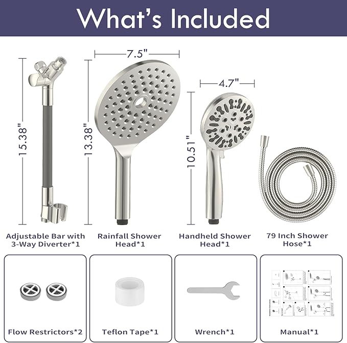 HOWUWEY Dual Shower Heads with Handheld Spray Combo, 7.5" High Pressure Rainfall Showerhead, Double Shower Heads with Handheld Spray, 9 Modes Hand Showerhead with 79" Hose (Standard, Brushed Nickel)