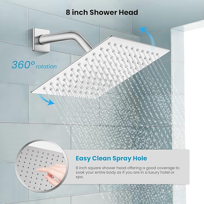 gotonovo Rainfall Bathroom Shower System Rain Shower Head and Handle Set Wall Mounted Shower Complete Combo Solid Brass Pressure Balancing Shower Mixer Valve 8 Inch Polished Chrome