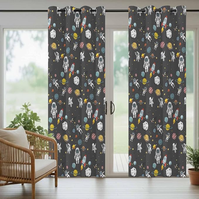Cartoon Space Outdoor Curtains for Patio Rockets Planets Astronauts Gray - Image 6