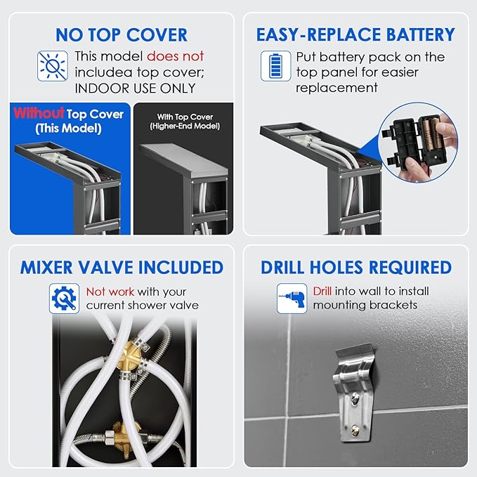ROVOGO Shower Panel Tower System with Led Lights Rainfall Waterfall Shower Head, 2 Big Body Jets, Handheld and Tub Spout, Shower Column Stainless with Mixer Valve, Black