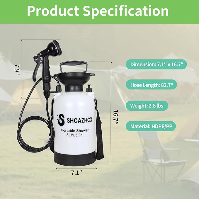 1.3 Gallon/5L Portable Outdoor Shower, 10 Spray Modes, No Power Needed, Insulated Sleeve Keeps Water Warm, Multi-Use Sprayer for Camping, Beach & Surfing, Fishing, Hiking, Road Trips, White
