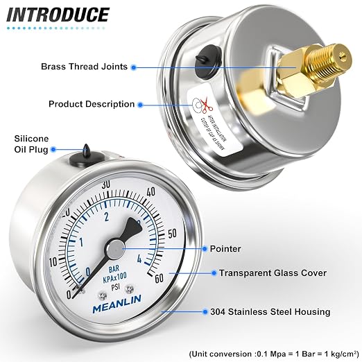 MEANLIN MEASURE 0~60Psi Dry Pressure Gauge Stainless Steel 1/8" NPT 2" FACE - Image 4
