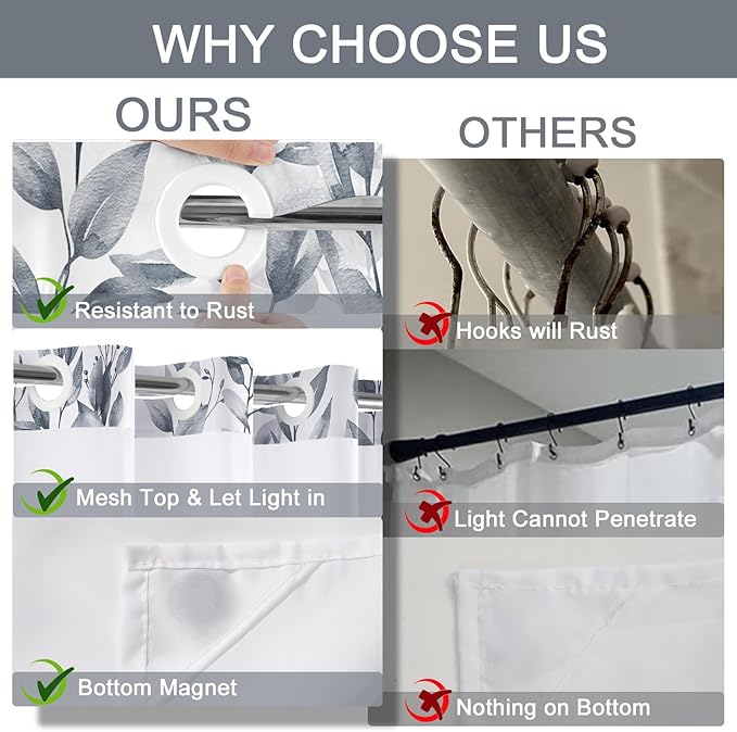 No Hook Shower Curtain and Liner Set, Blue Grey Eucalyptus Floral Shower Curtains for Bathroom, Bath Curtain Sets with Snap in Liner, Waterproof with See Through Top Window, 71x77 Inches
