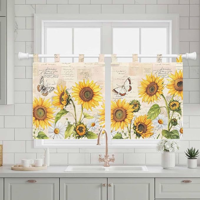 Yellow Sunflowers Kitchen Curtains 24 Inch Length, Small Window Curtains Tab Top - Image 3