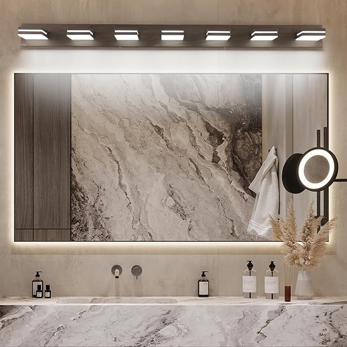 SineRise LED Modern Bathroom Vanity Light Fixtures (7-Light, 55-Inch, Dimmable), Brown Wood Painted Modern Acrylic Bathroom Wall Lighting Fixtures Over Mirror (Cool White 6000K)