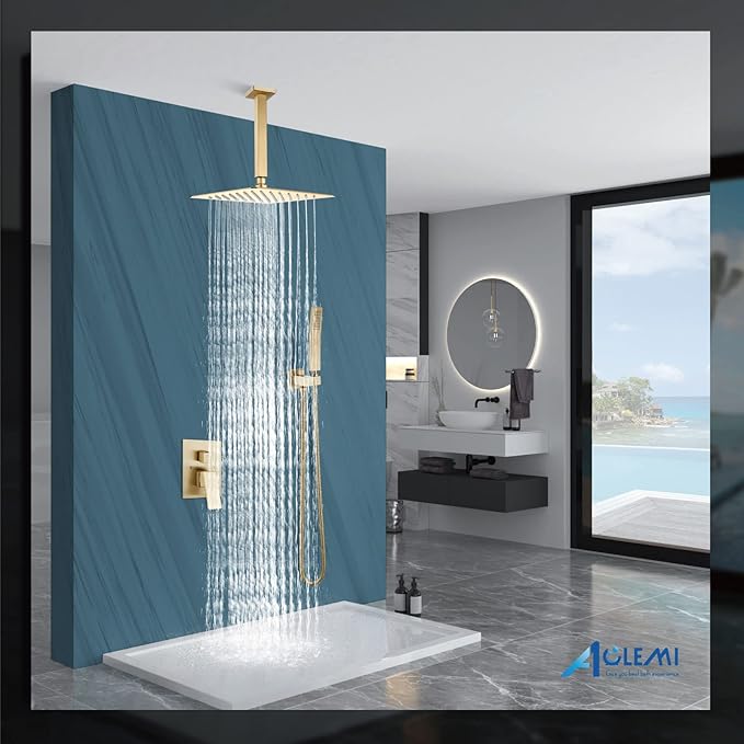 Aolemi Ceiling Mount Shower System Rain Shower Head with Handheld Spray High Pressure Shower Faucet Set Rough-in Valve Shower Trim Kit Included Bathroom Brushed Gold 10 Inch Ceiling Shower Head