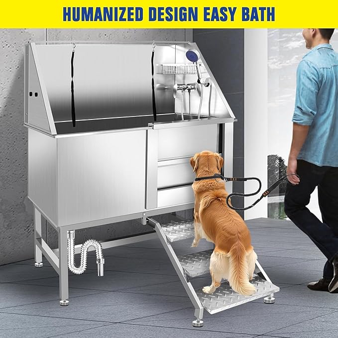 50 Inch Stainless Steel Dog Washing Station, Professional Grooming Tub with Stairs for Large Dogs, Home Bathtub for Pets with Hot & Cold Faucet