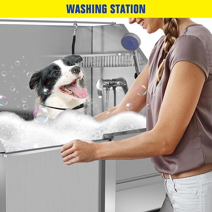 50" Stainless Steel Dog Washing Station, Pet Grooming Tub with Hot/Cold Faucet & Showerhead, Non-Slip Stairs for Small/Medium Dogs & Cats