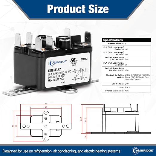 Cambridge Professional Grade 24V AC Fan Relay, 25A 14FLA 84LRA 125V / 8FLA - Image 4