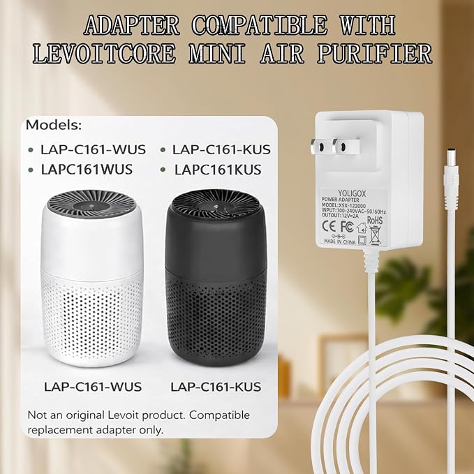 12V Power Cord Compatible with Levoit LAP-C161-WUS LAP-C161-KUS LAPC161WUS - Image 2