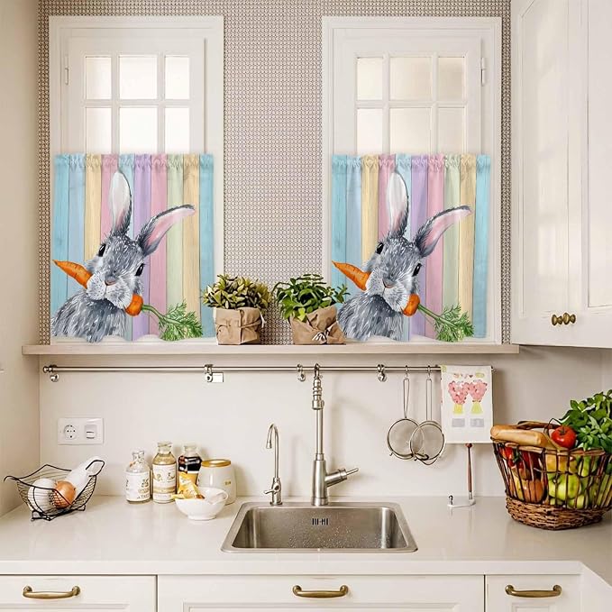 Easter Kitchen Curtain Set, Spring Grey Rabbit Carrots Colorful Wooden Plank - Image 4