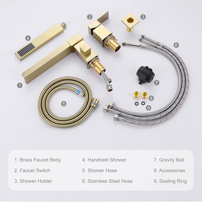 TapLong Waterfall Tub Filler Faucet with HandHeld Shower Widespread Roman Tub Faucet Set, Deck Mount 3-Holes Single-Handle Faucet in Brushed Gold, 03111BG