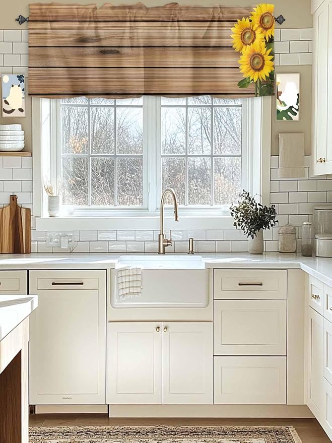 Kitchen Valances for Window, Farm Sunflower on Vintage Wood Grain Light by Unknown