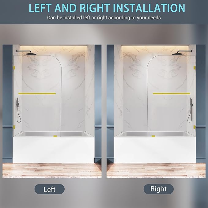 Bathtub Shower Door, 34" W X 58" H Fixed Bathtub Shower Glass Panel in Brushed Gold, 1/4"(6mm) Clear Tempered Frameless Shower Glass Door, Tub Shower Panel with Clamps and Handle
