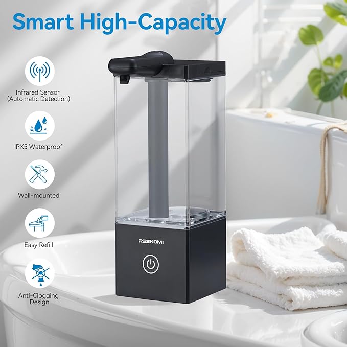Automatic Soap Dispenser Touchless, Soap Dispenser Bathroom, Large Transparent Reservoir&Wall Mount, Type-C Rechargeable&3-Level Adjustable, Water-Resistant, Kitchen, Hotel, and School, Black