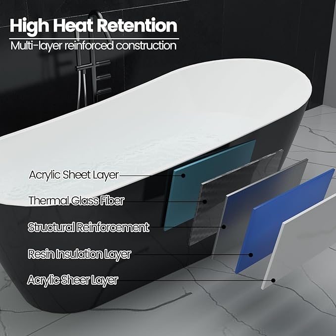 67" Deep Soaking Bathtub, Non-Slip Acrylic Tub with Chrome Drain, CUPC Certified, Ergonomic Modern Bath for Bathrooms, Easy-Install, Black Upturned