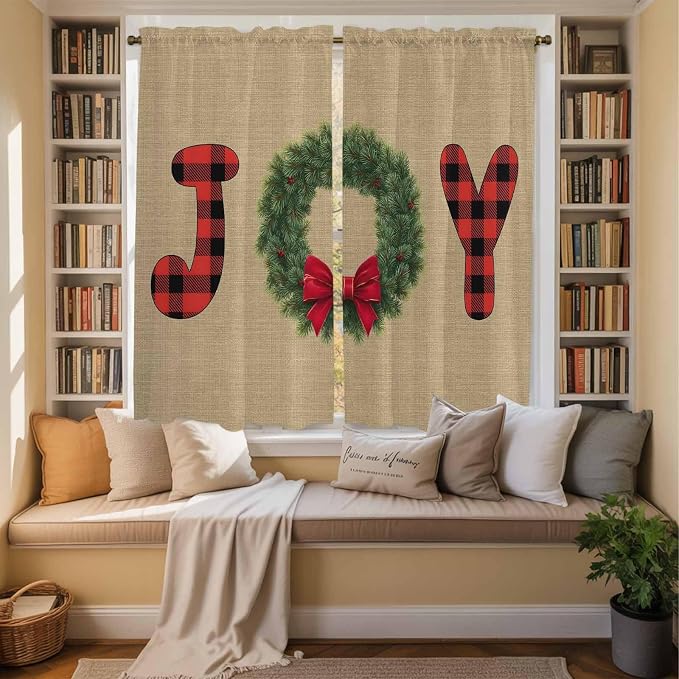 Red Green Christmas Window Curtains 63 Inch Long 2 Panel Set, Rod Pocket - Image 3