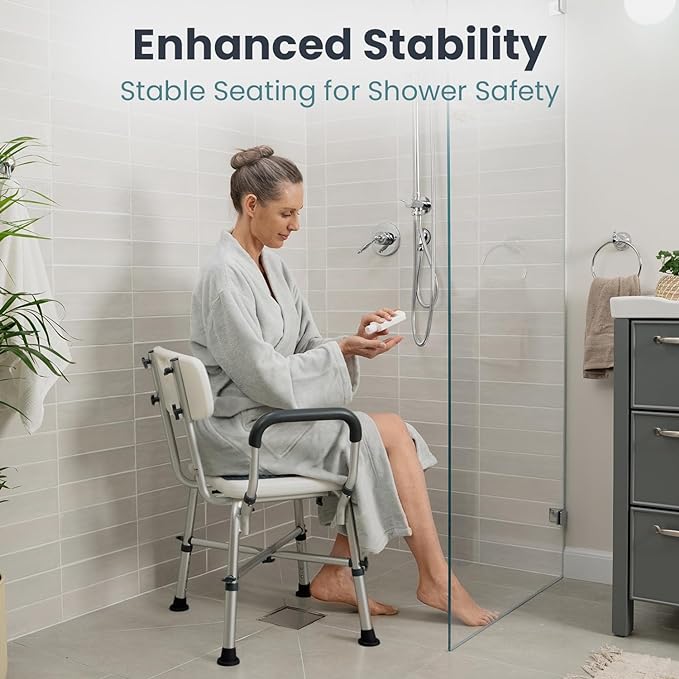 Shower Chair for Elderly and Disabled (450lb) with Padded Armrests and Back, Adjustable Height Shower Seat, Heavy Duty Shower Chairs for Inside Shower, Handicap - Teal