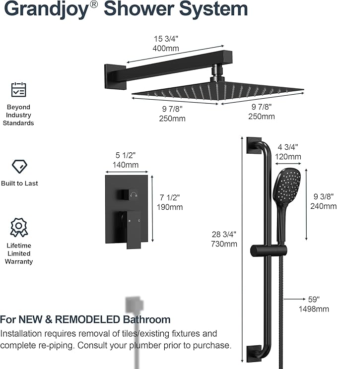 Matte Black 10 Inch Rainfall Shower System with Handheld Spray & Adjustable Slide Bar, Wall Mount Bathroom Shower Faucet Set, Valve Included