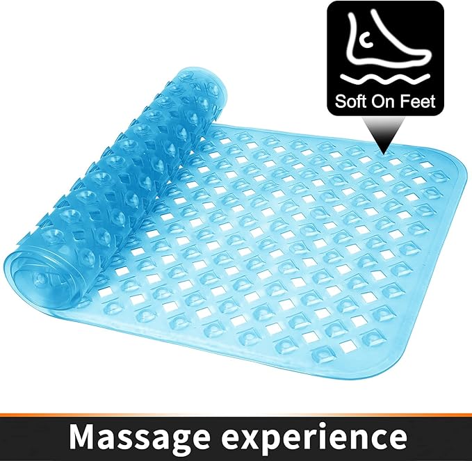 Yimobra Non Slip Bath Mat, Super Strong Suction Cups,34.5"x15.5"Long Tub Mat with Drain Holes, Machine Washable Fast Draining Shower Mats, Bathroom Essentials,Clear Blue