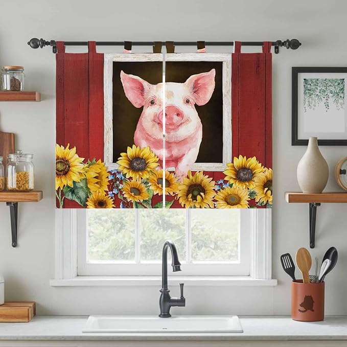 Pigs Sunflowers Kitchen Curtains 45 Inch Length, Short Cafe Window Curtains Tab - Image 3