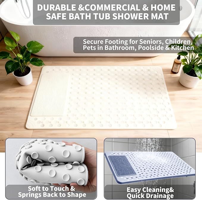 Bath Tub Shower Mat with Soft Shower Foot Scrubber Mat for Massage,Non Slip Bathtub Mat with Strong Suction Cups, Silicone Shower Foot Scrubber Mat (White, 27.5" X 15.7"(Rectangular))