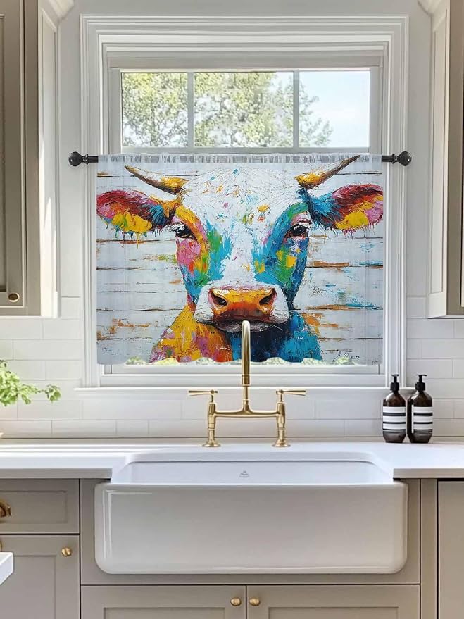 Sheer Curtains 54 Inch Length, Funny Colorful Cow Semi Sheer Curtains Light - Image 3