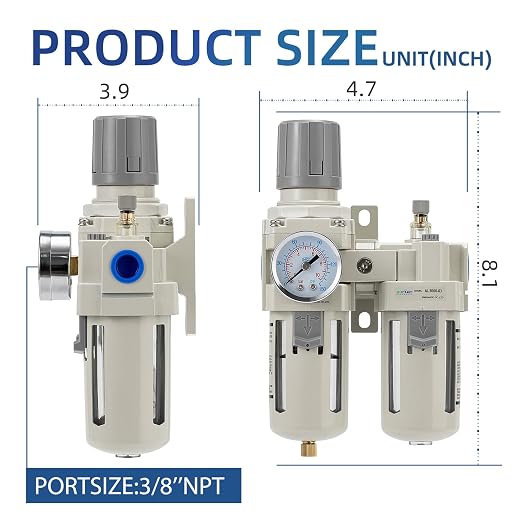 3/8" NPT Compressed Air Filter Regulator Lubricator Combination, Water/Oil Trap - Image 3