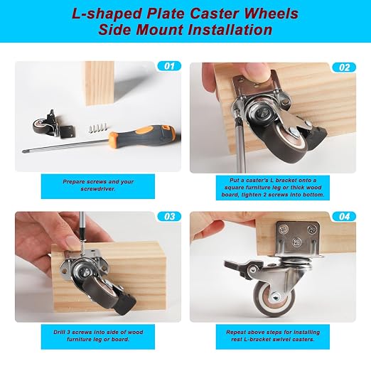 1.25 Inch Side Mount Swivel Caster Wheels Small L-Shaped Plate Rubber Castors - Image 4