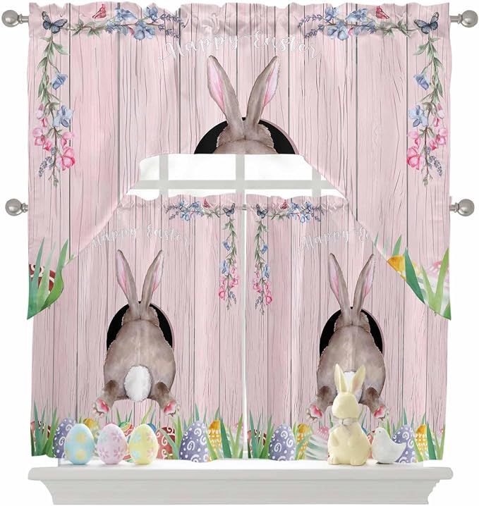 Swag Valance Curtains, Easter Cute Rabbit and Colorful Eggs Rod Pocket Valances - Image 9