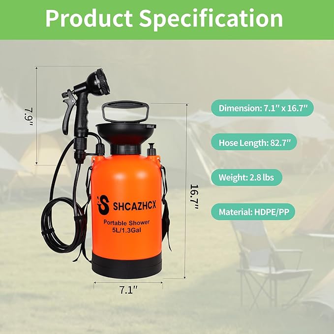 1.3 Gallon/5L Portable Outdoor Shower, 10 Spray Modes, No Power Needed, Insulated Sleeve Keeps Water Warm, Multi-Use Sprayer for Camping, Beach & Surfing, Fishing, Hiking, Road Trips, Orange