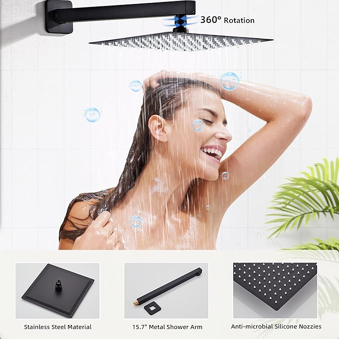 Shower Faucet Set, Matte Black Rainfall Shower System Complete Wall Mounted for Bathroom with 10 Inch Square Shower Head and Handheld Shower Head Rain Mixer Combo Set