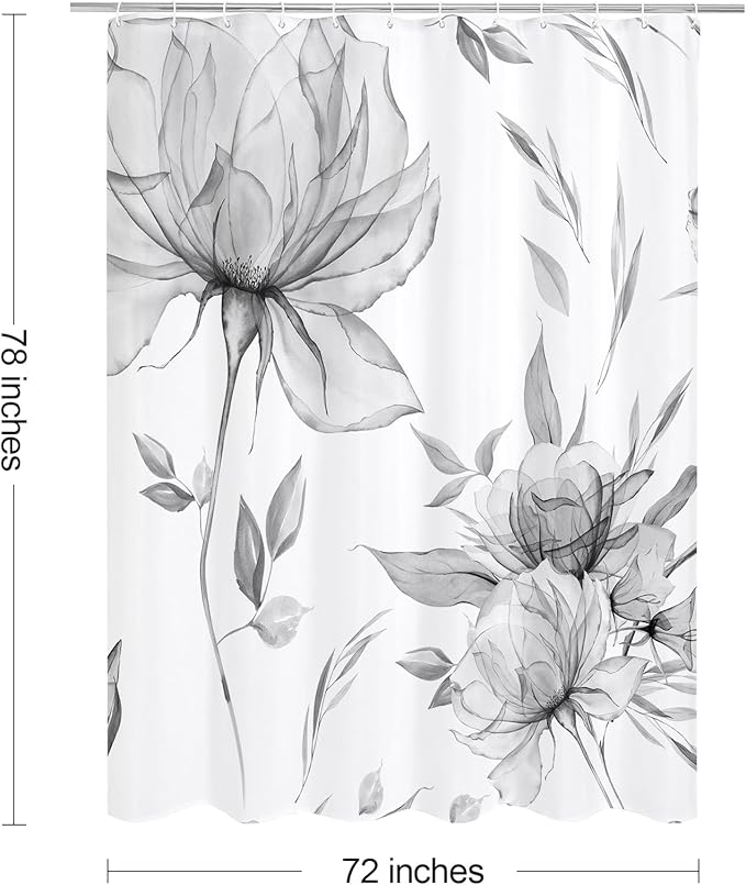 Long Boho Watercolor Floral Shower Curtain 72 x 78, Grey Ink Painting Style Flower Shower Curtains for Chic Elegant Bathroom, Artistic 78 Inch Long Fabric Shower Curtain