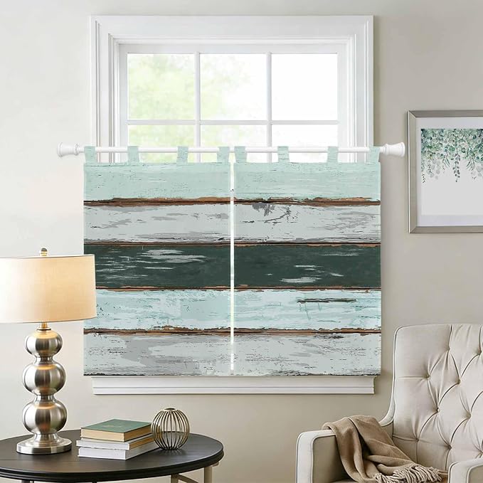 Blue Teal Kitchen Curtains 45 Inch Length, Short Cafe Window Curtains Tab Top - Image 2